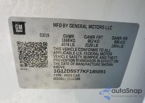 2019 Chevrolet Malibu Lt из США, поврежденный, VIN 1G1ZD5ST7KF185091